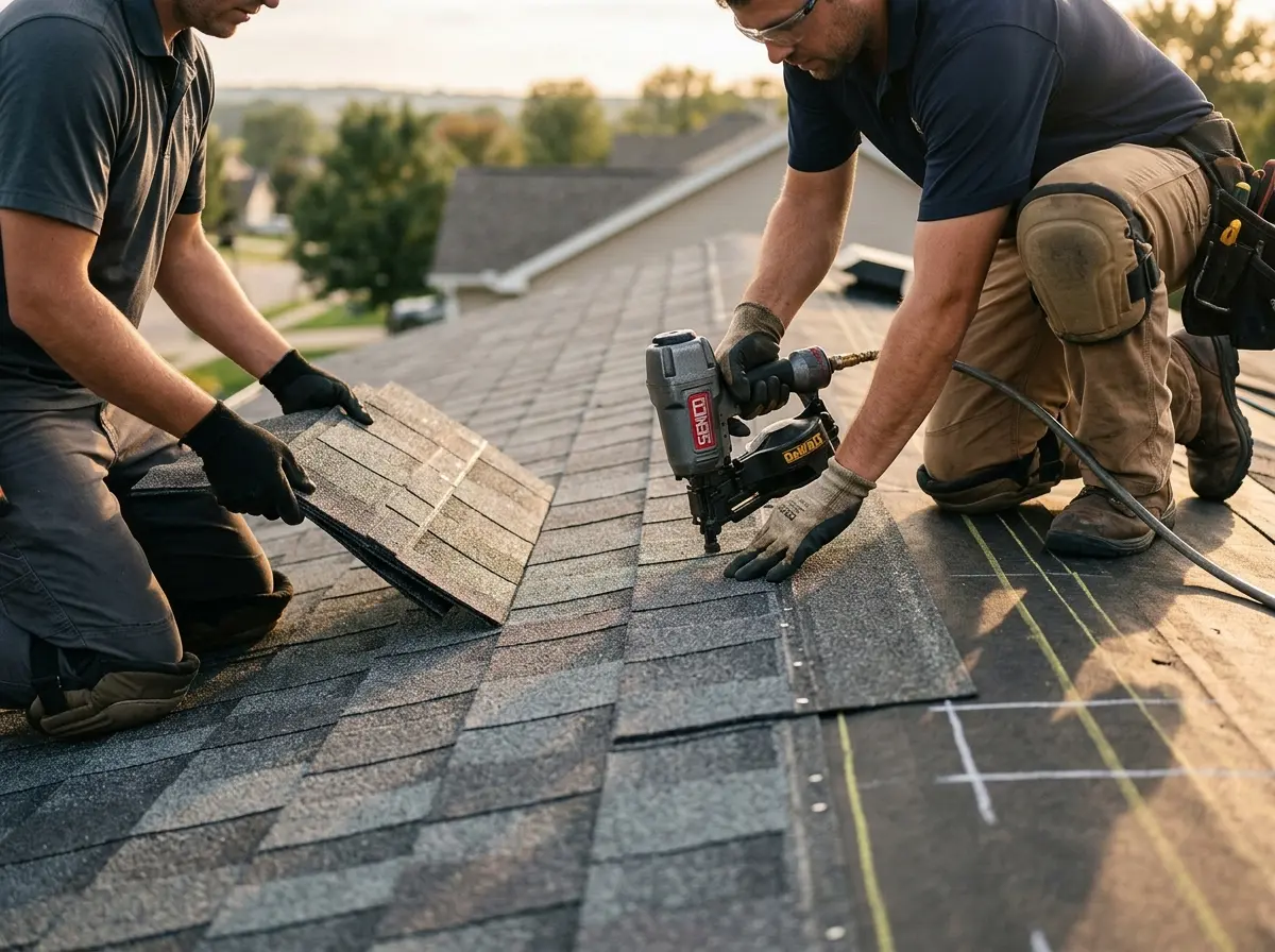 Professional roofer working on a residential roof in Putnam